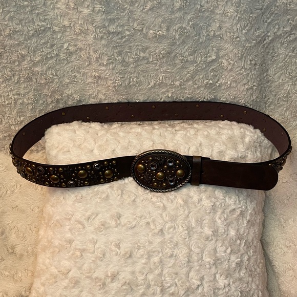 Brown Faux Leather Belt With Studs, Rhinestones, & Fleur-de-lis Studs 37”-41” XL - Picture 2 of 8